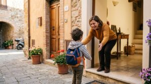 Un adulto accoglie un bambino sulla soglia di casa