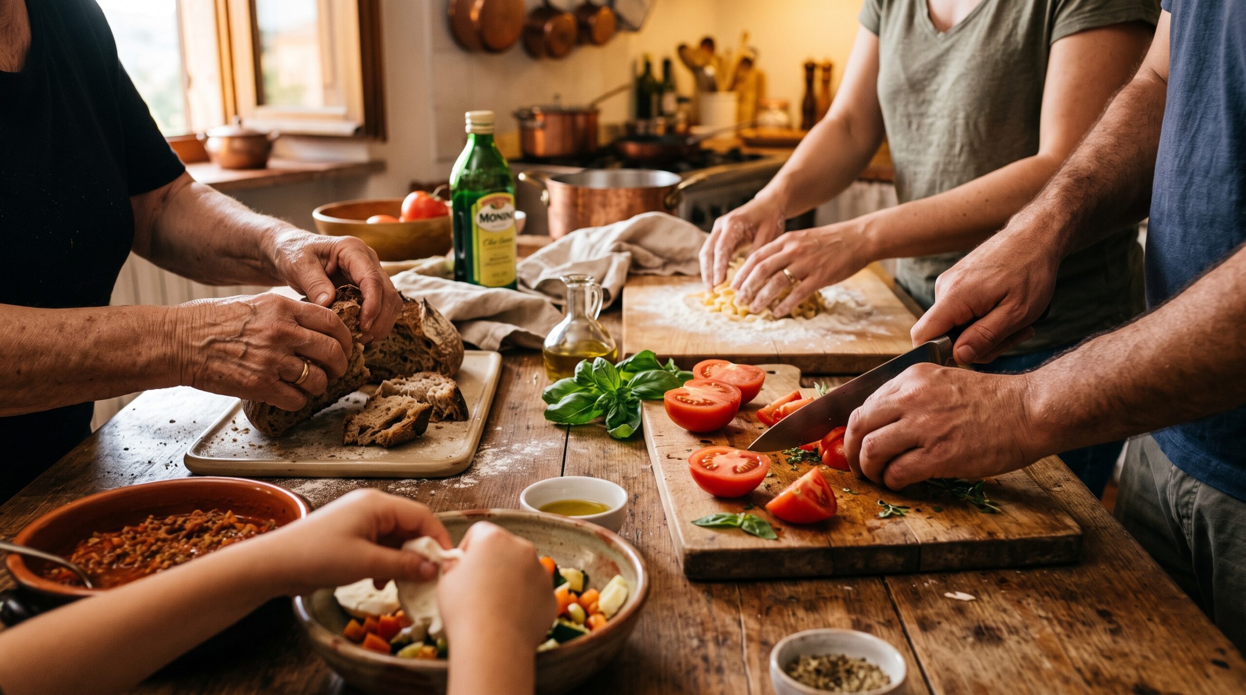Le mani di una famiglia preparano la cena insieme attorno a un tavolo di legno