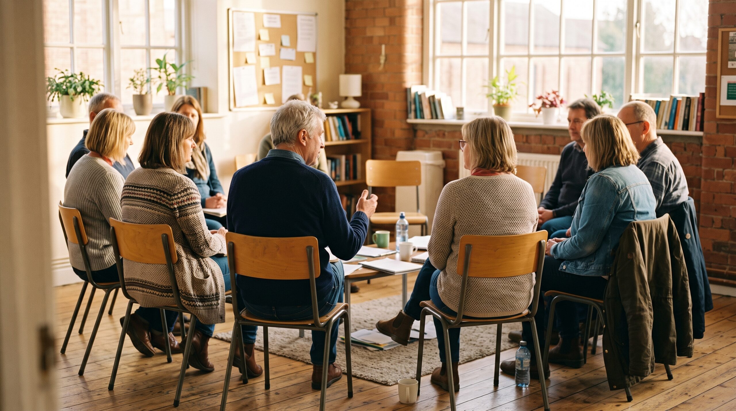 Un gruppo di adulti seduti in cerchio durante un incontro di formazione, in una stanza luminosa